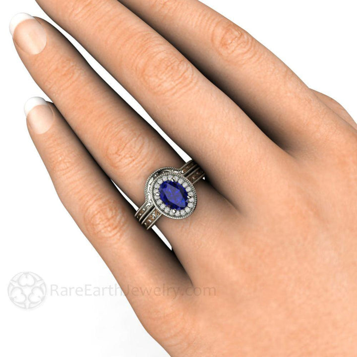 Vintage Oval Sapphire Engagement Ring, Art Deco Blue Sapphire Ring on the Finger