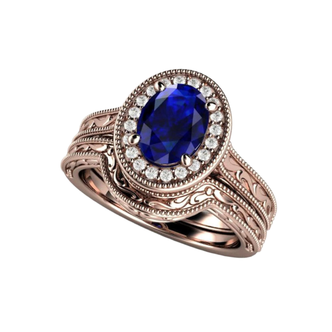 Oval Blue Sapphire Wedding Set, Vintage Inspired Design, 14K Rose Gold