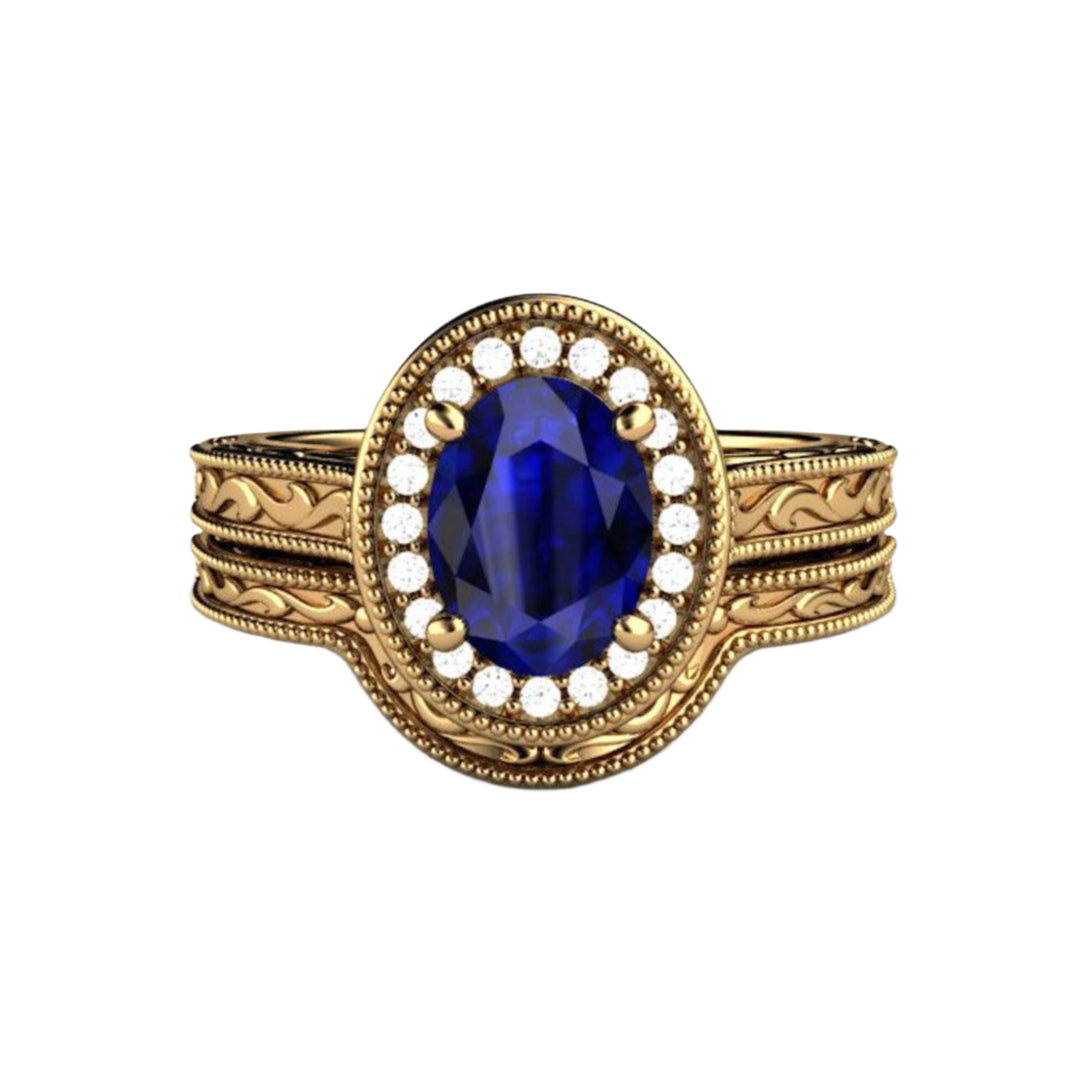 Antique Oval Sapphire Engagement Ring, 18K Yellow Gold, Lab Grown Sapphire Bridal Set