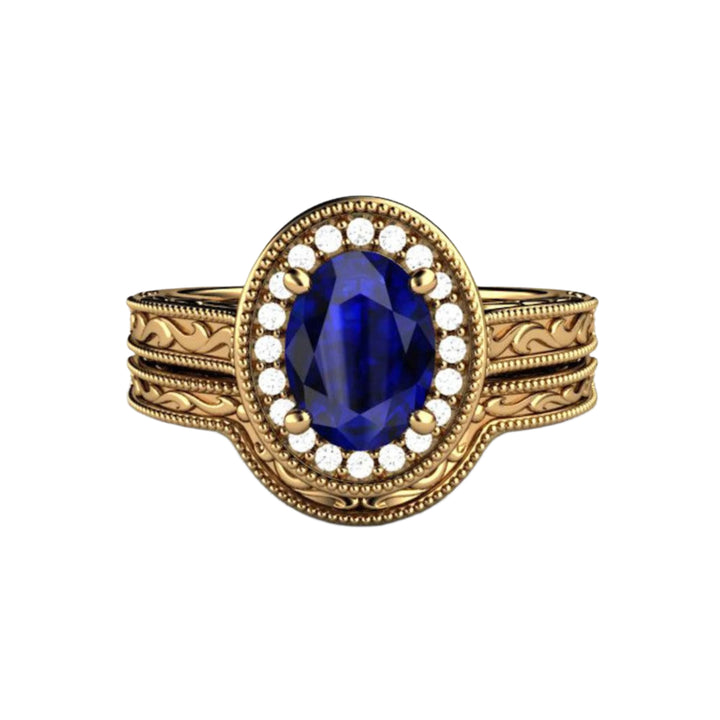 Antique Oval Sapphire Engagement Ring, 18K Yellow Gold, Lab Grown Sapphire Bridal Set
