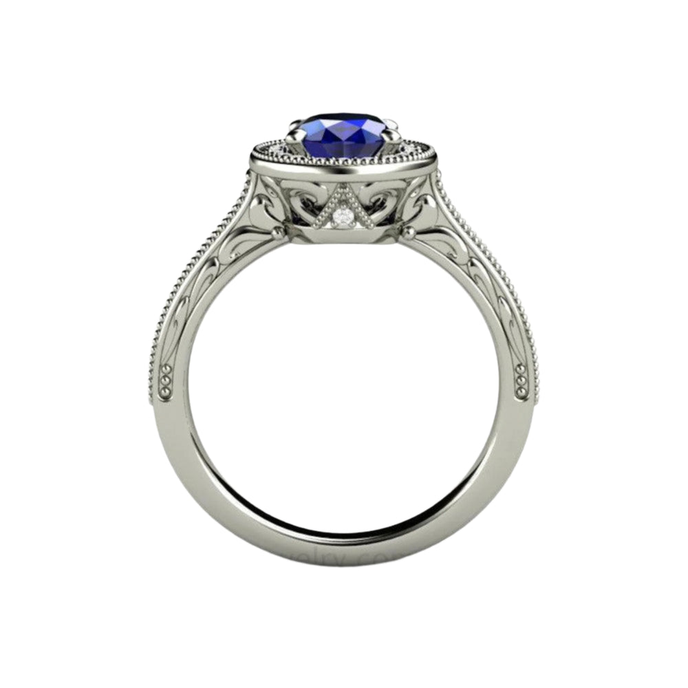 Antique style Oval Blue Sapphire Engagement Ring Engraved with Filigree