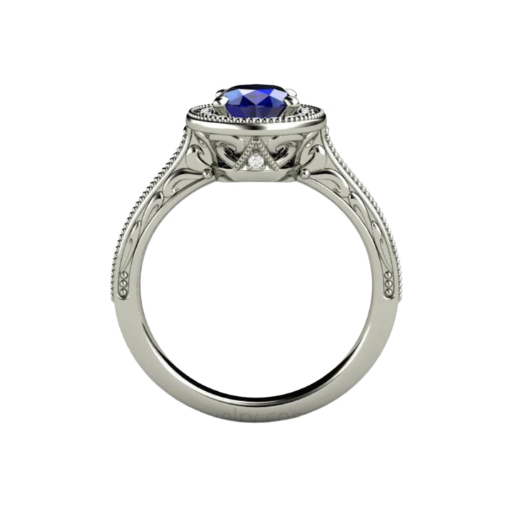 Antique style Oval Blue Sapphire Engagement Ring Engraved with Filigree