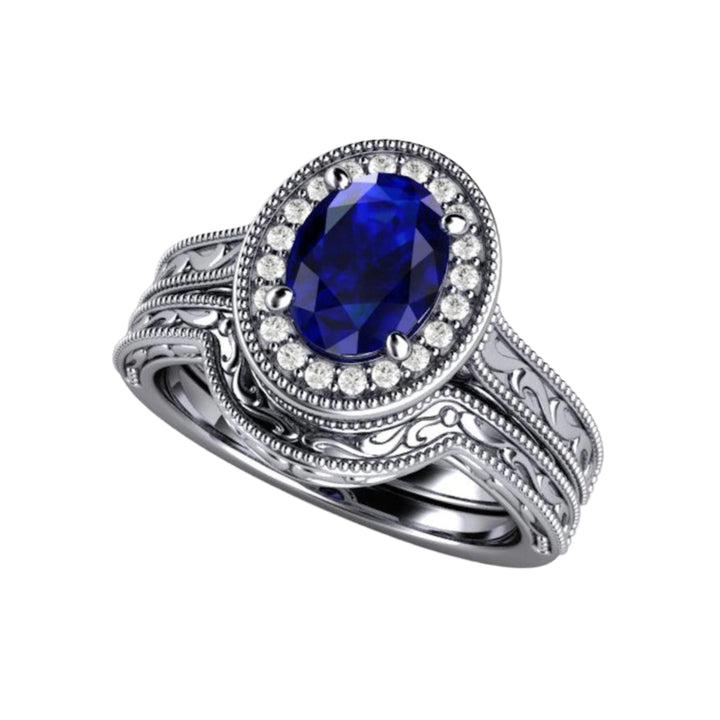 Platinum Sapphire Engagement Ring, Oval Sapphire Ring, Diamond Halo