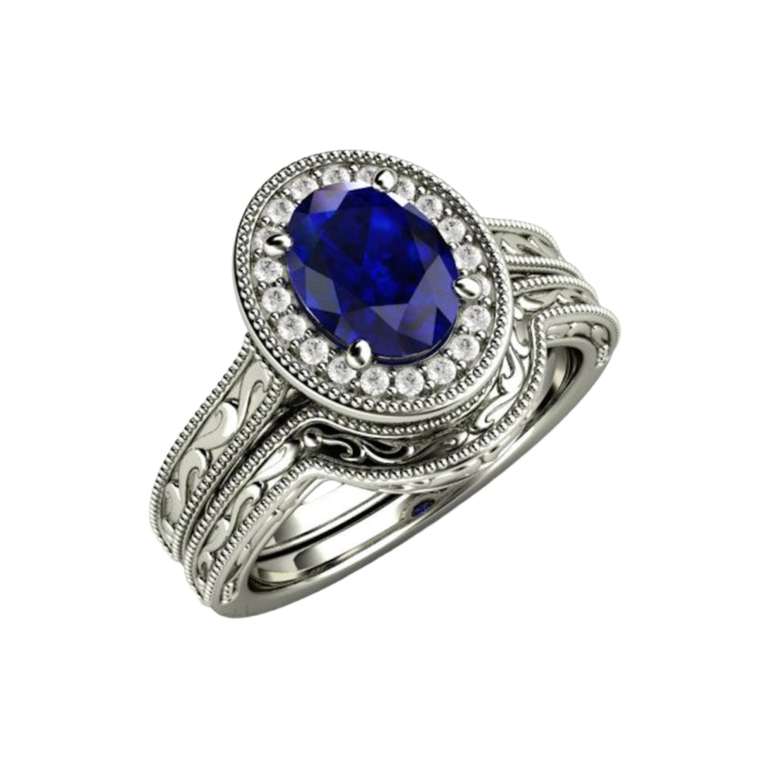 Oval Blue Sapphire Bridal Set with Antique Design, Diamond Accents