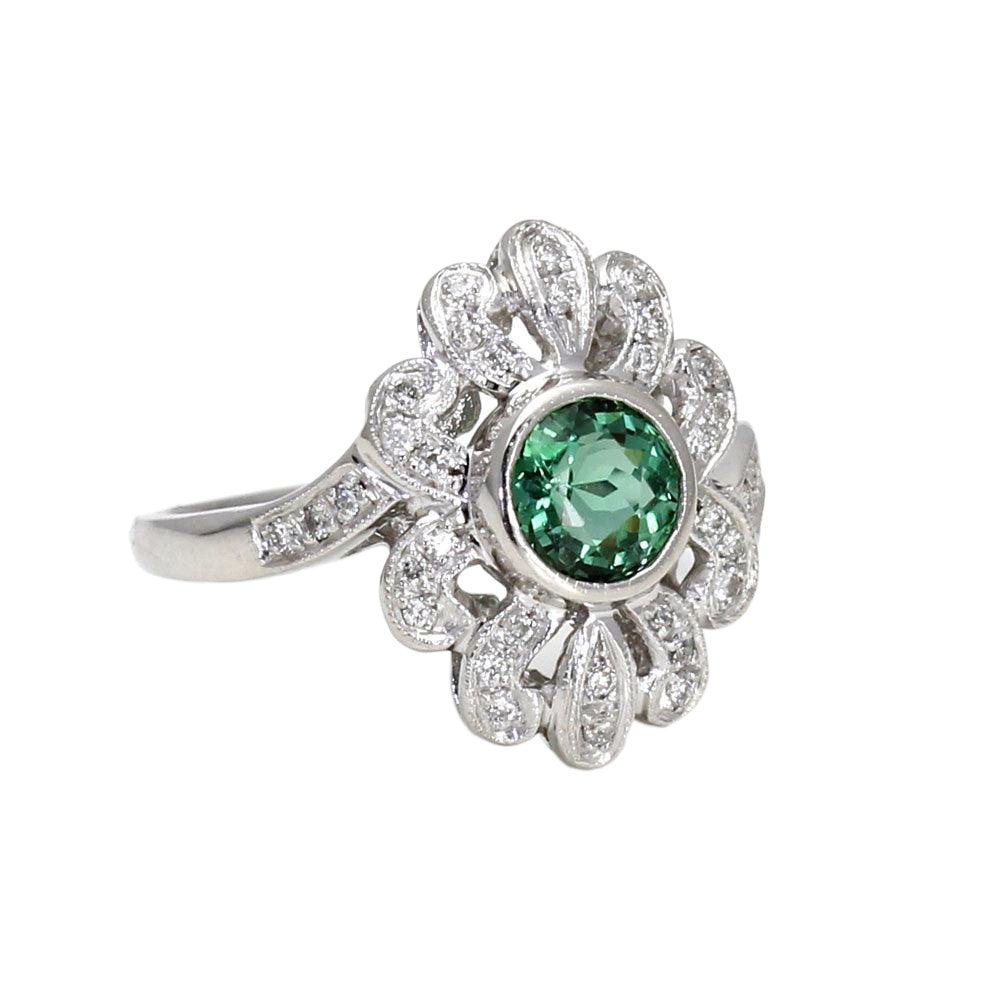Natural Green Tourmaline Ring Antique Art Deco Style with Diamonds, Rare Earth Jewelry