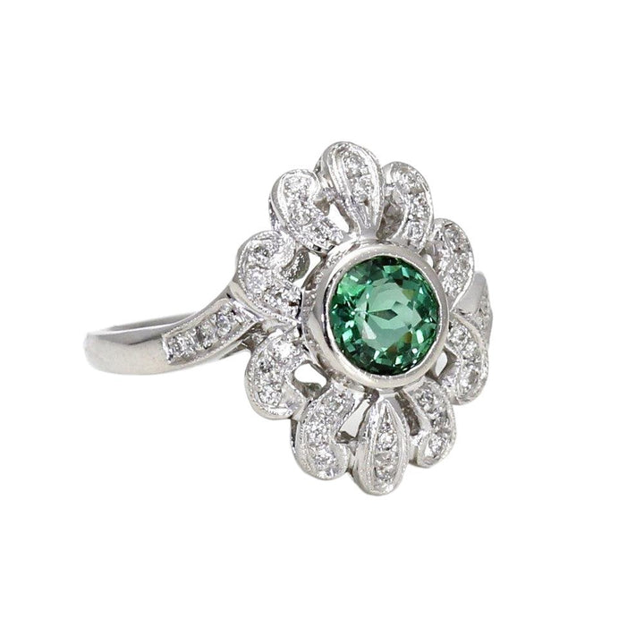 Natural Green Tourmaline Ring Antique Art Deco Style with Diamonds, Rare Earth Jewelry
