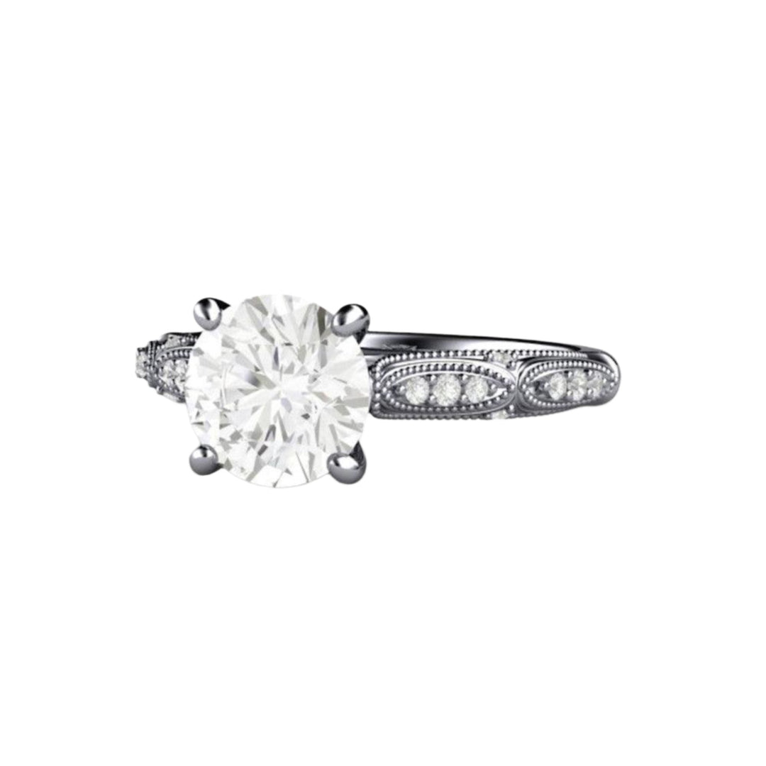 Vintage Style Round Moissanite Solitaire with Milgrain, 7.5mm Colorless Forever One Moissanite