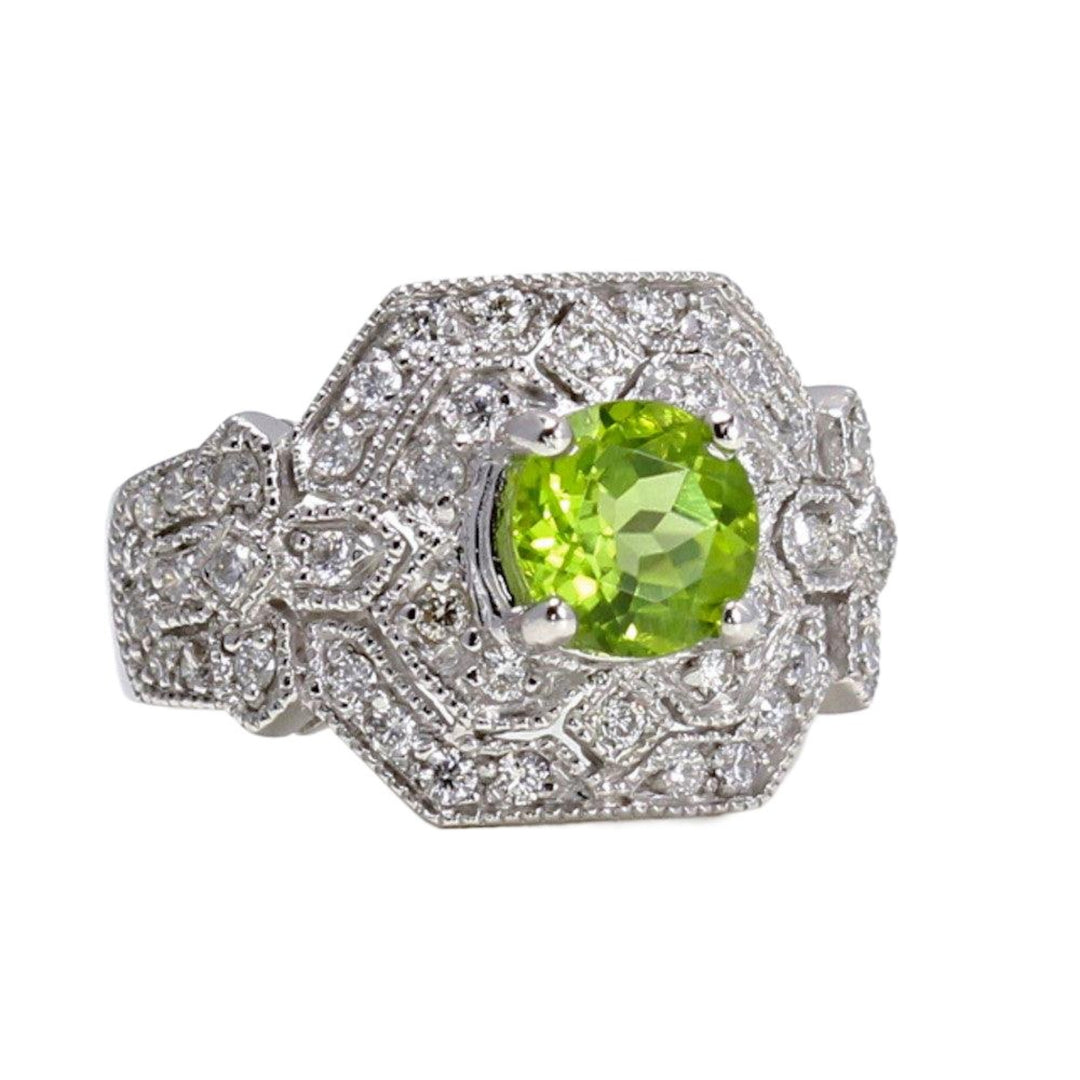 Art Deco Peridot Ring, Vintage Style Peridot Ring, Pave Diamonds and Milgrain