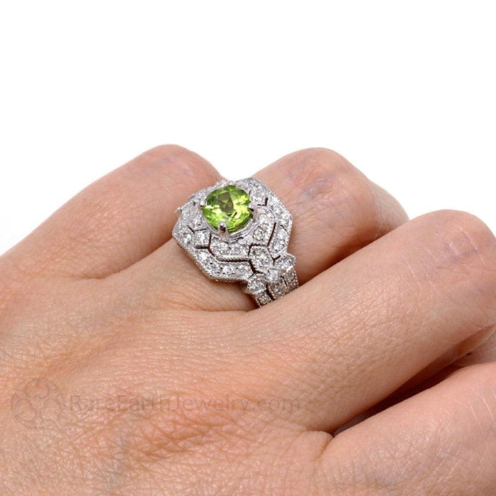 Art Deco Peridot Ring | Vintage-Inspired Design with Diamonds and Milgrain, Rare Earth Jewelry