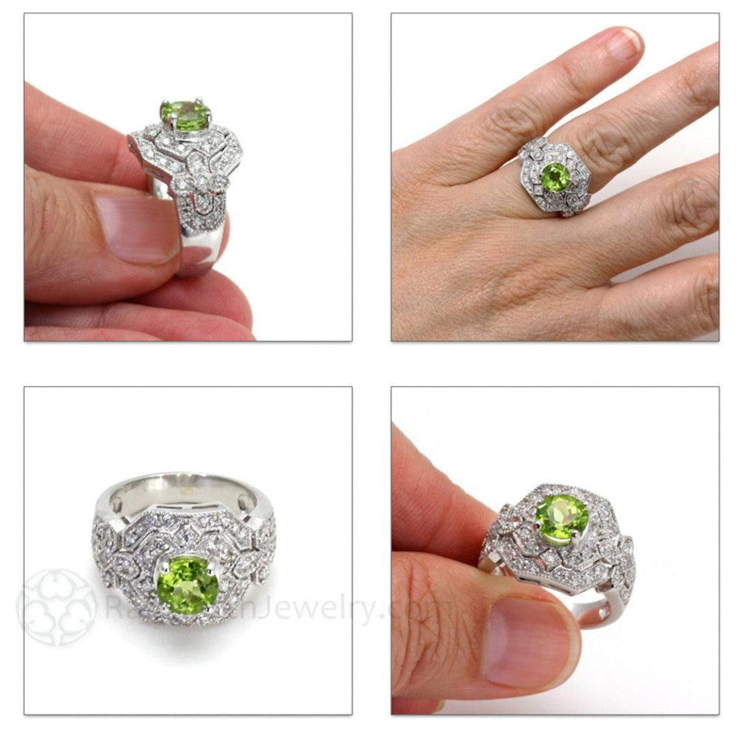 Vintage Inspired Peridot Ring, Peridot and Diamond Ring, 14K Gold