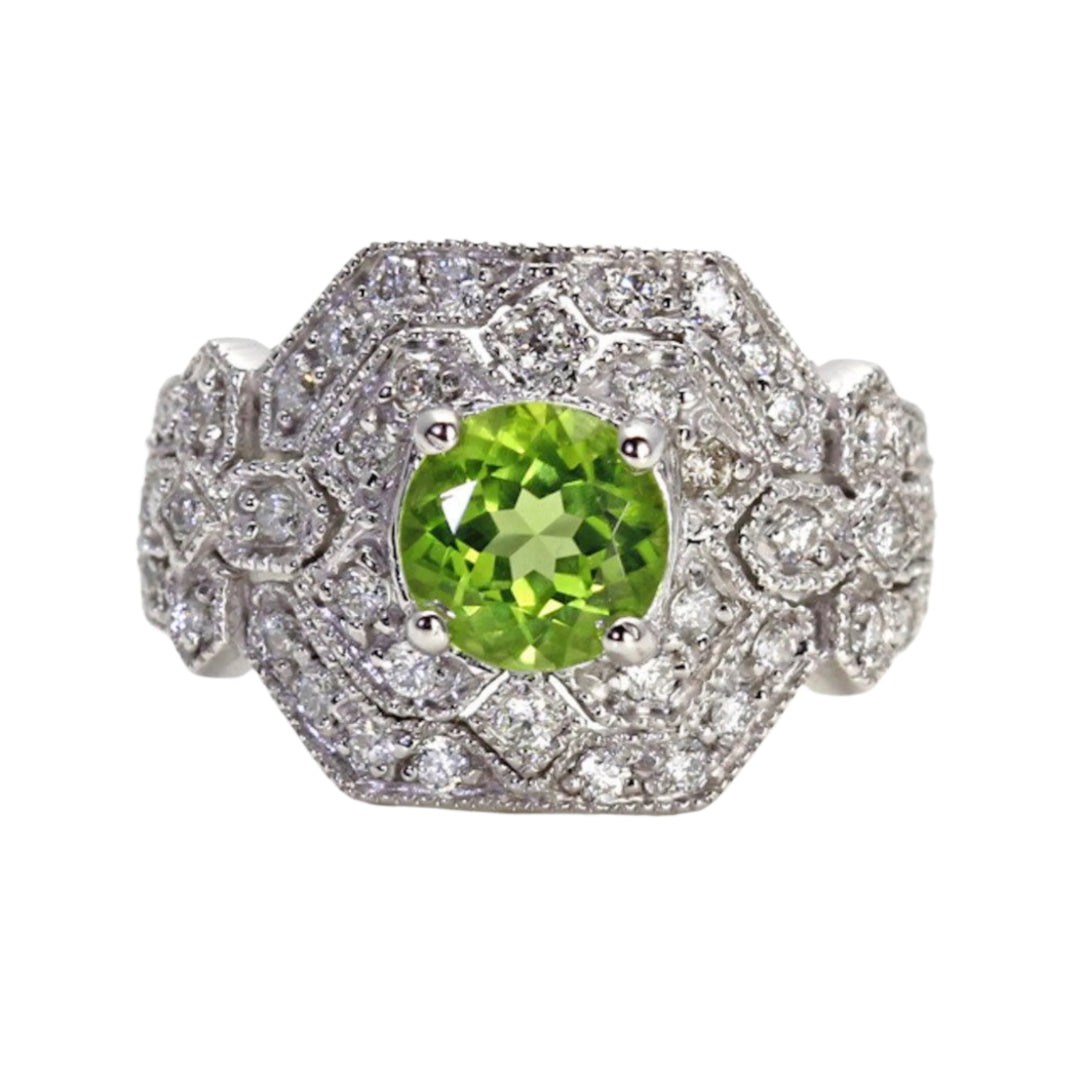 Large Peridot Ring, Art Deco Style Peridot and Diamond Ring, August Birthstone