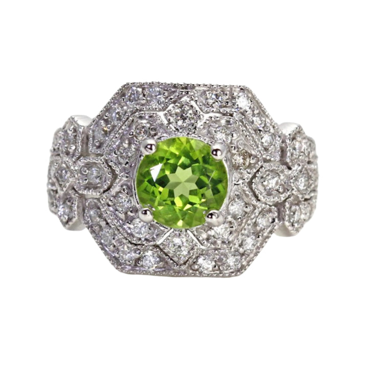 Large Peridot Ring, Art Deco Style Peridot and Diamond Ring, August Birthstone