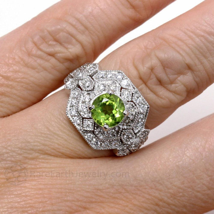 Art Deco Peridot Ring, Shown on the hand, Vintage Gold Peridot Ring, Right Hand Ring