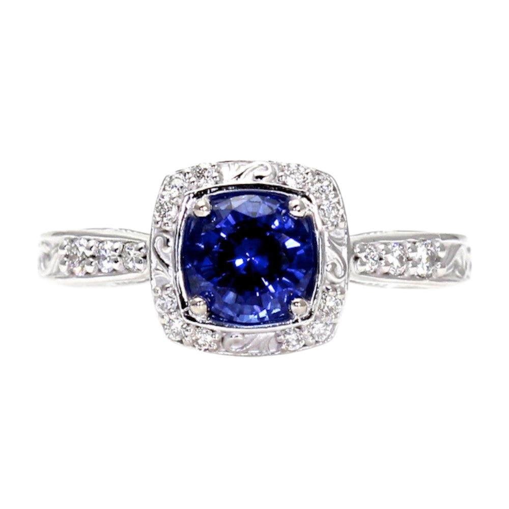 Blue Sapphire Engagement Ring Art Deco Style Diamond Halo, Rare Earth Jewelry