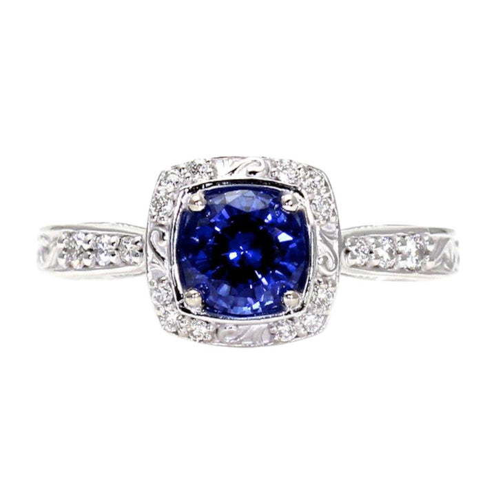 Blue Sapphire Engagement Ring Art Deco Style Diamond Halo, Rare Earth Jewelry