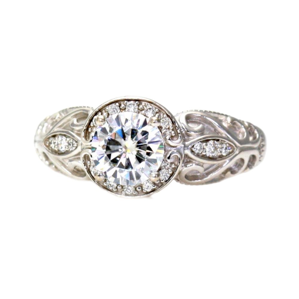 Art Deco Style Moissanite Engagement Ring Vintage Diamond Halo, Rare Earth Jewelry