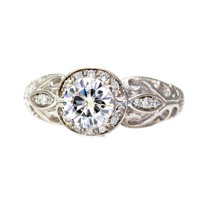Art Deco Style Moissanite Engagement Ring Vintage Diamond Halo, Rare Earth Jewelry