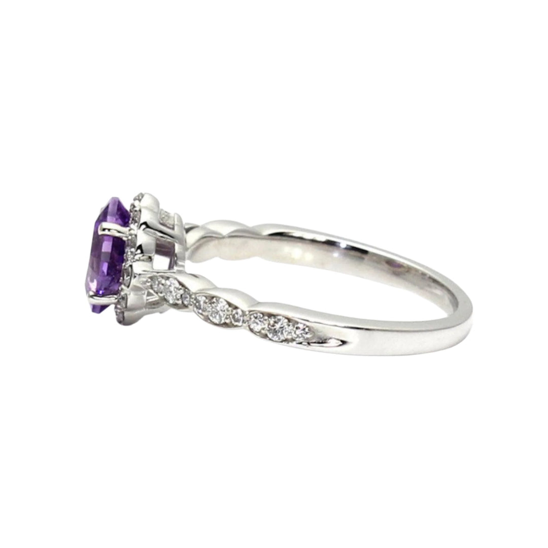 Side View of Asscher cut Amethyst Engagement Ring with A vintage style diamond halo design