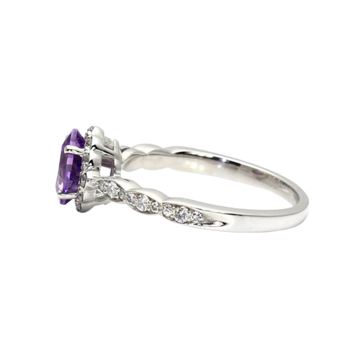 Side View of Asscher cut Amethyst Engagement Ring with A vintage style diamond halo design