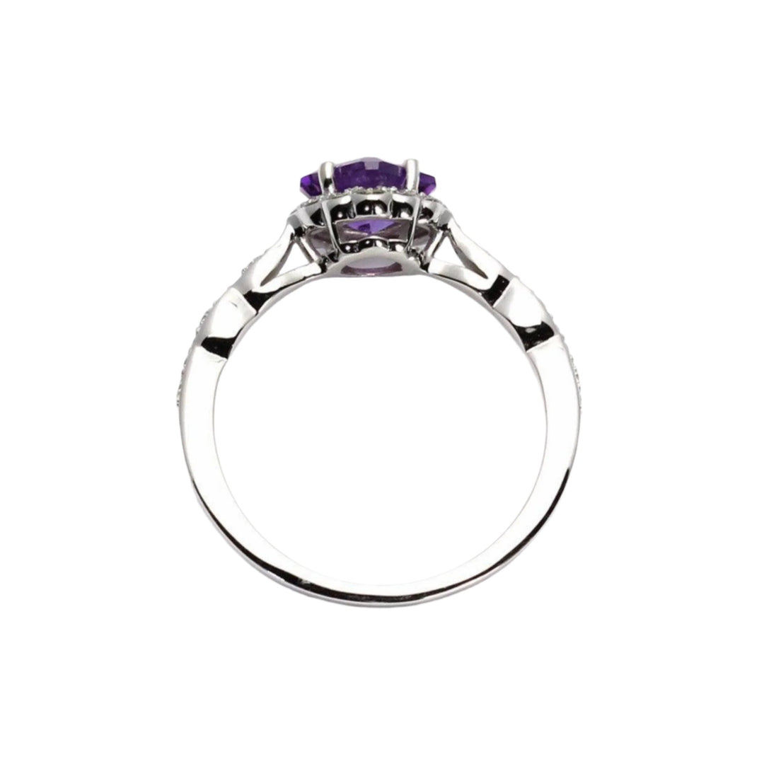 Profile of Asscher Amethyst Ring Diamond Halo February Birthstone