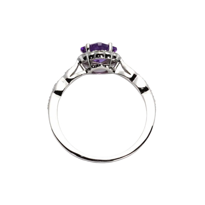 Profile of Asscher Amethyst Ring Diamond Halo February Birthstone