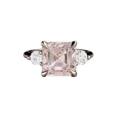 3 Stone Morganite Engagement Ring Asscher Cut with Diamonds and Claw Prongs, shown in Rose Gold from Rare Earth Jewelry