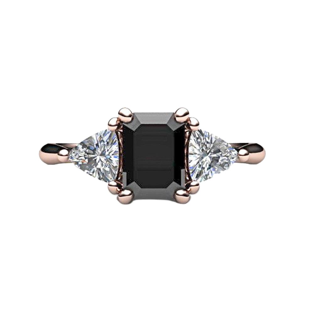 Black Diamond Engagement Ring 3 Stone with Sapphire Trillions, Rare Earth Jewelry