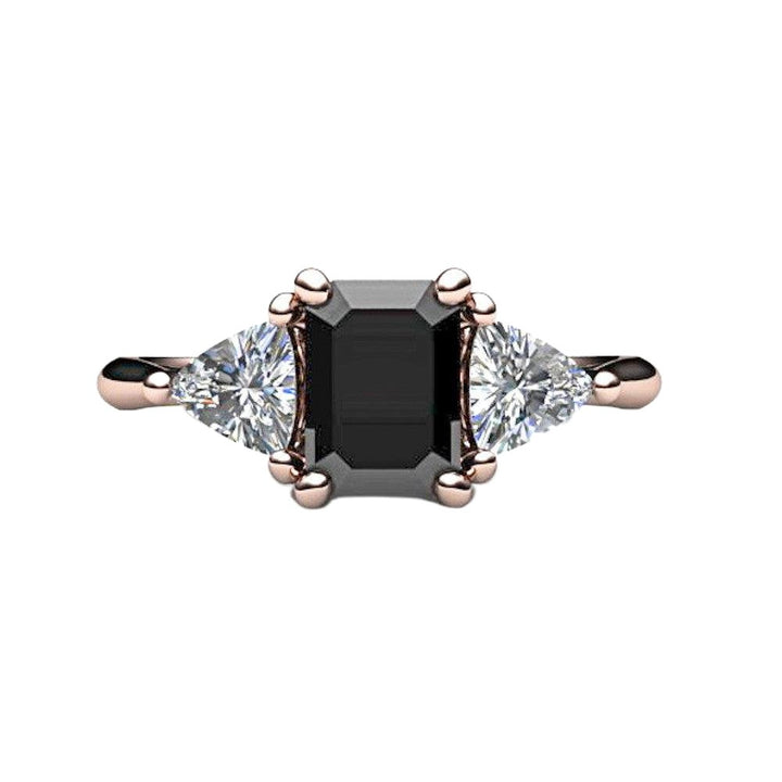 Black Diamond Engagement Ring 3 Stone with Sapphire Trillions, Rare Earth Jewelry