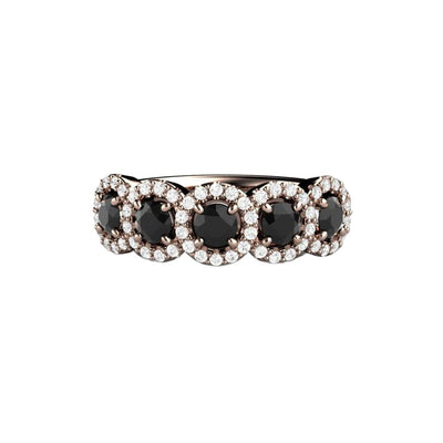 A unique Black Diamond ring with 5 natural black diamonds and diamond halos surrounding each one.  This unique engagement ring or wedding band is shown in rose gold from Rare Earth Jewelry.