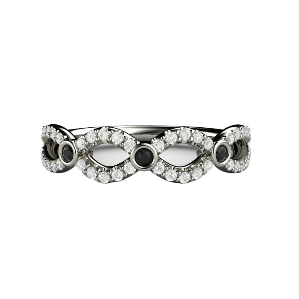 Black and White Diamond Wedding Ring Infinity Design Band, Rare Earth Jewelry