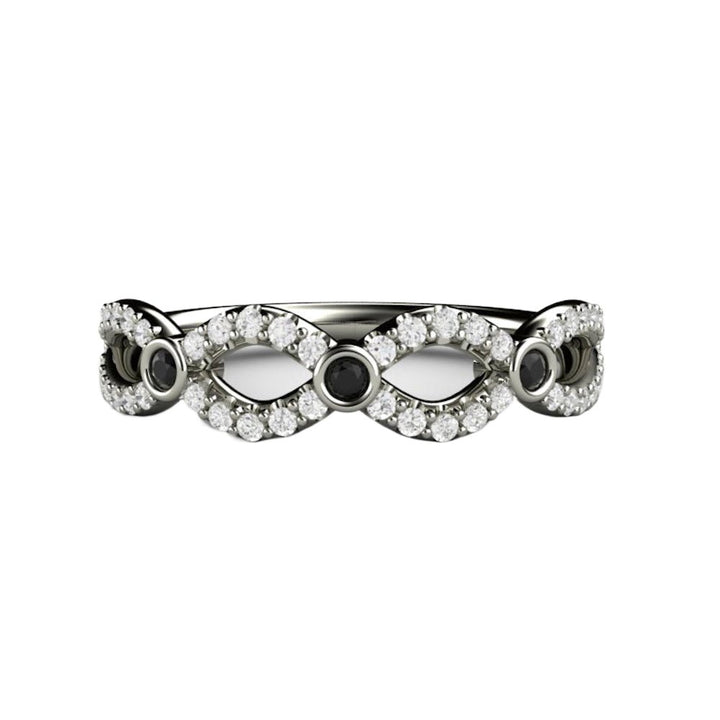 Black and White Diamond Wedding Ring Infinity Design Band, Rare Earth Jewelry
