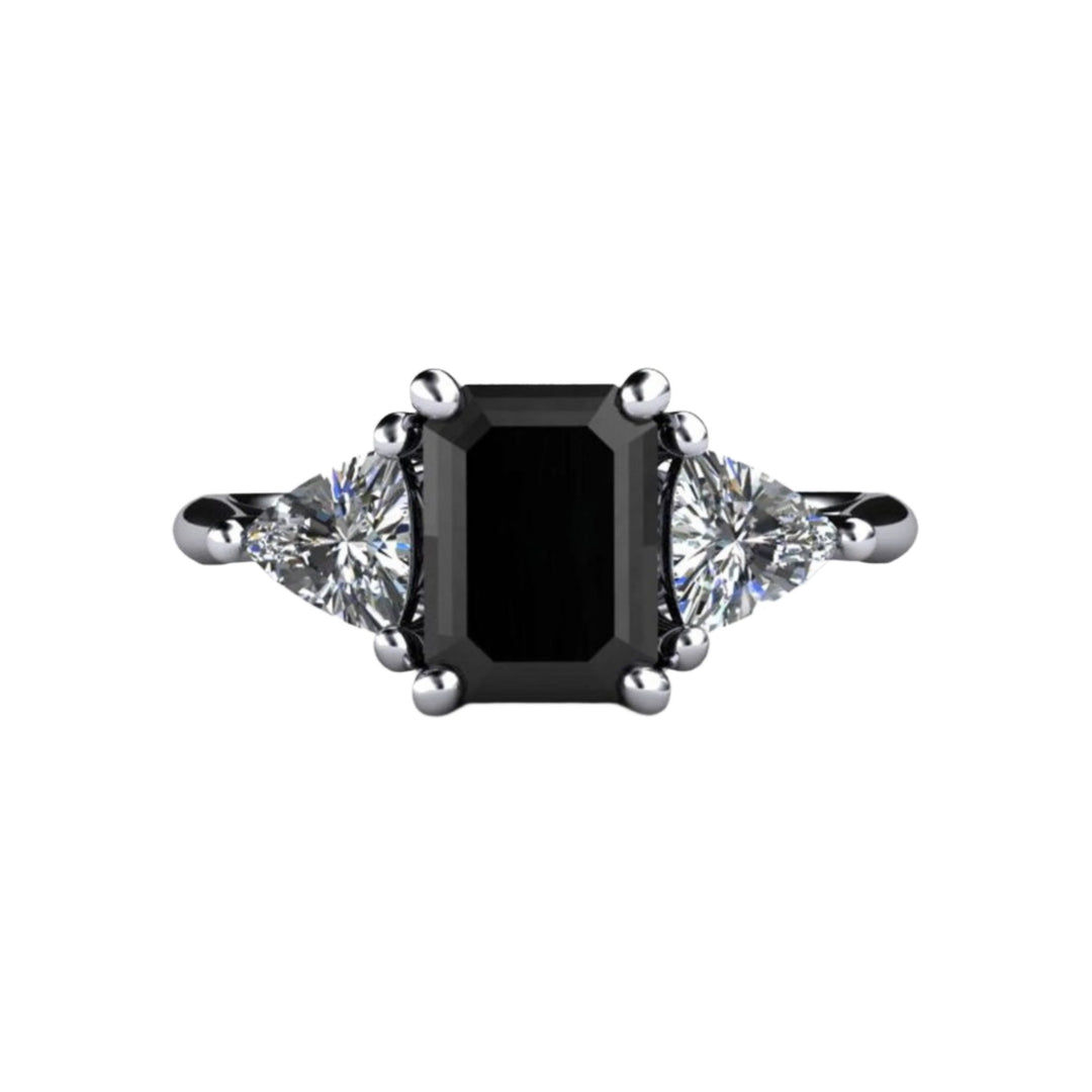Black Diamond Engagement Ring 3 Stone with Diamond Trillions, Rare Earth Jewelry