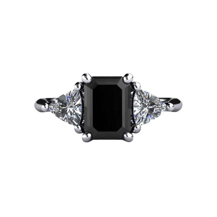 Black Diamond Engagement Ring 3 Stone with Diamond Trillions, Rare Earth Jewelry