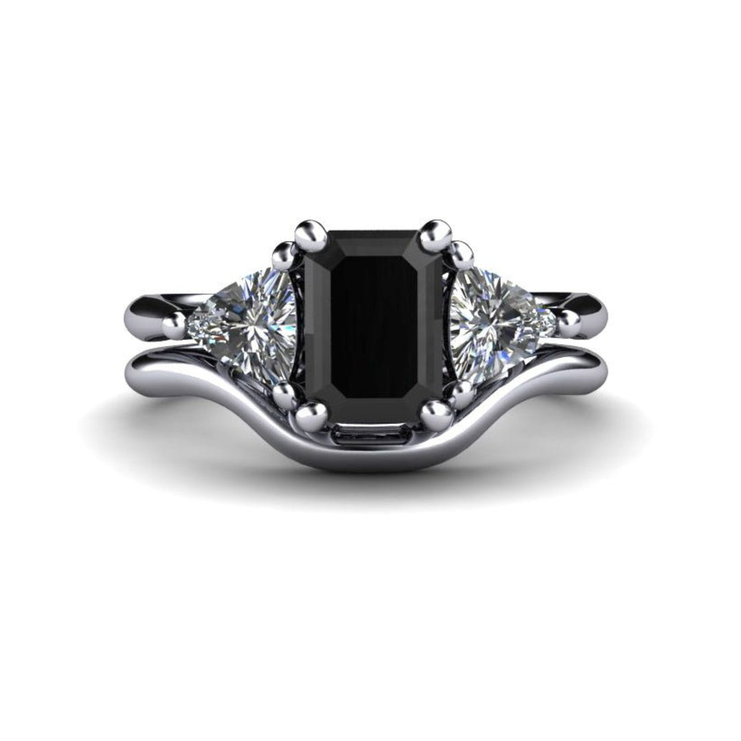 Black Diamond Engagement Ring 3 Stone with Diamond Trillions, Rare Earth Jewelry