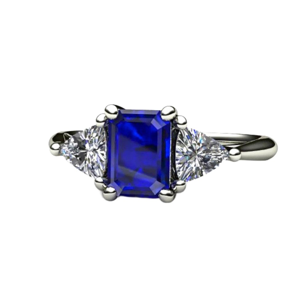 Blue Sapphire Engagement Ring 3 Stone with Diamond Trillions, Rare Earth Jewelry