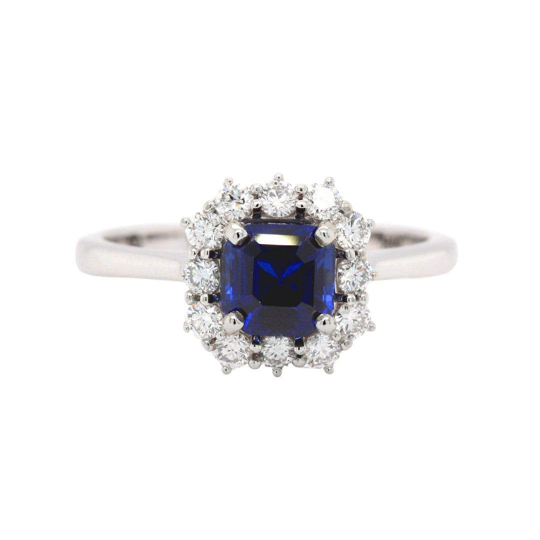 Asscher Cut Blue Sapphire Engagement Ring Vintage Style Diamond Cluster, Rare Earth Jewelry