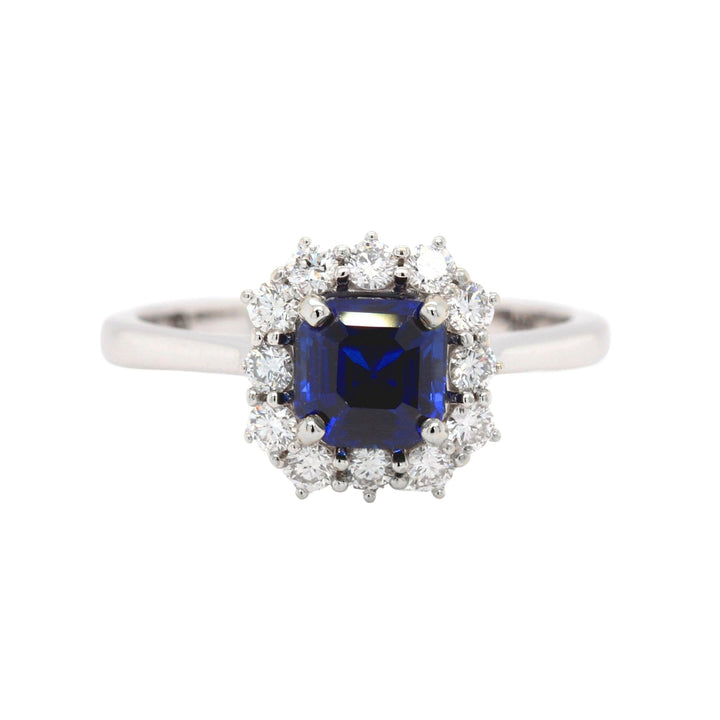 Asscher Cut Blue Sapphire Engagement Ring Vintage Style Diamond Cluster, Rare Earth Jewelry