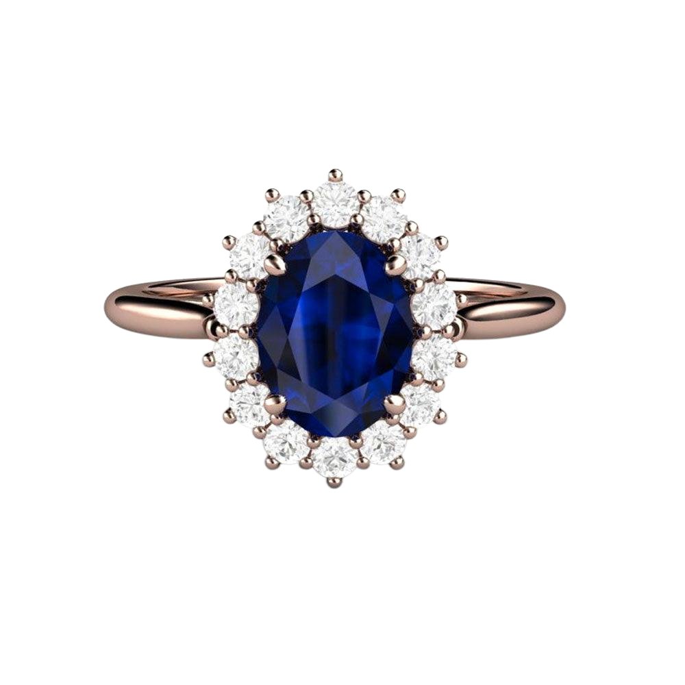 Blue Sapphire Engagement Ring Diamond Halo Oval Cluster, Rare Earth Jewelry