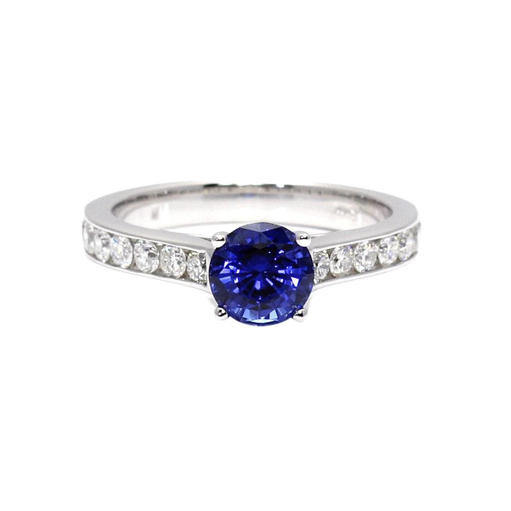 Blue Sapphire Engagement Ring Round Sapphire Solitaire with Diamonds, Rare Earth Jewelry