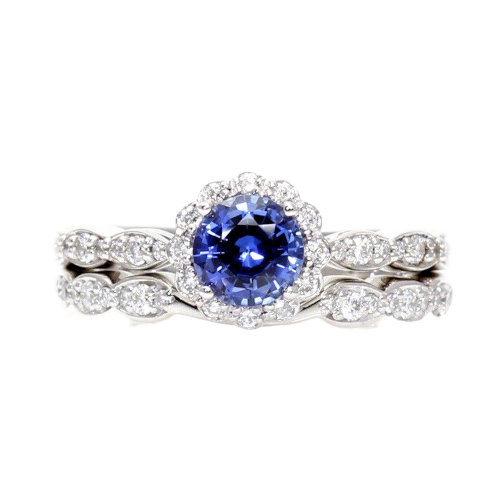 Blue Sapphire Engagement Ring Vintage Style Diamond Halo, Rare Earth Jewelry
