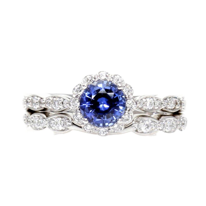 Blue Sapphire Engagement Ring Vintage Style Diamond Halo, Rare Earth Jewelry