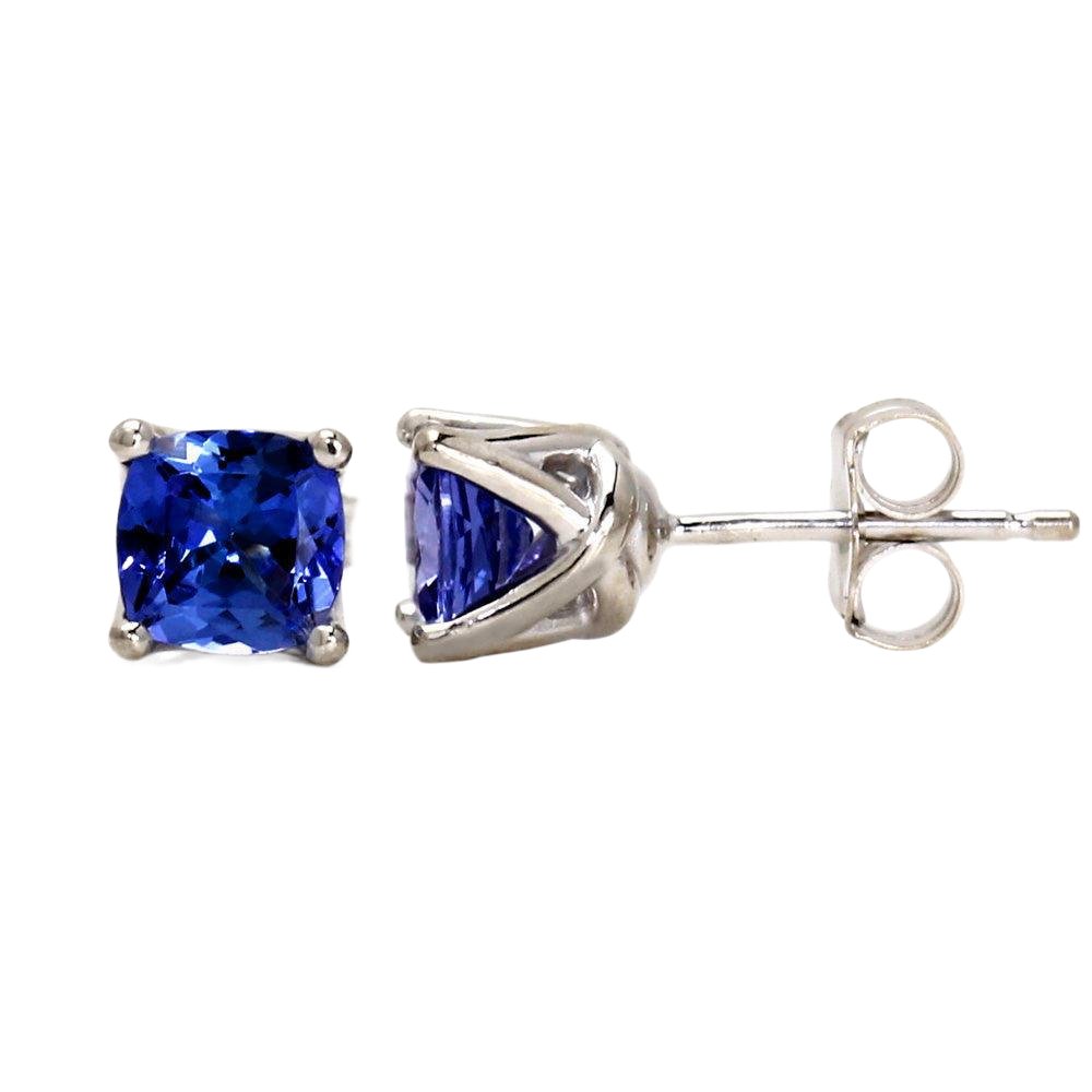 Cushion Cut Blue Sapphire Stud Earrings in 14K Gold, Rare Earth Jewelry