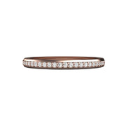 A classic style diamond wedding ring or anniversary band 2mm wide with prong set natural diamonds in gold or platinum, shown here in rose gold.