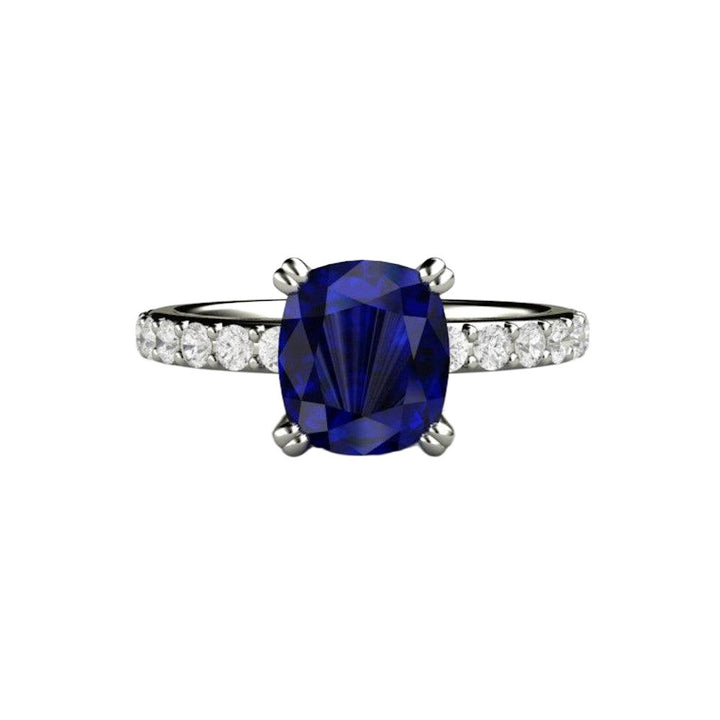 Blue Sapphire Cushion Engagement Ring Double Prong Solitaire Pave Diamonds, Rare Earth Jewelry