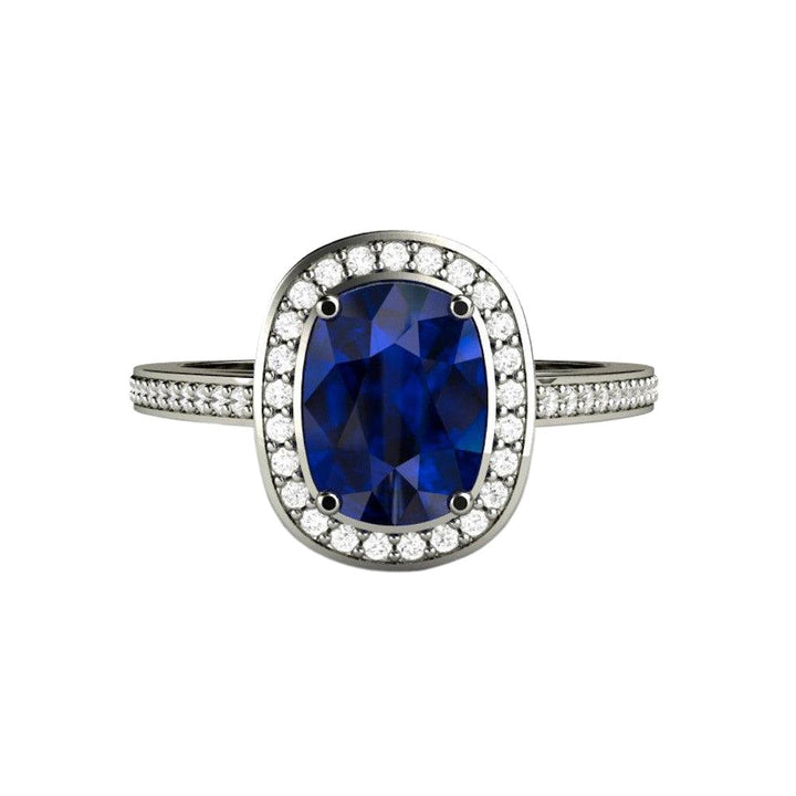 Blue Sapphire Engagement Ring Cushion Cut Diamond Halo, Rare Earth Jewelry