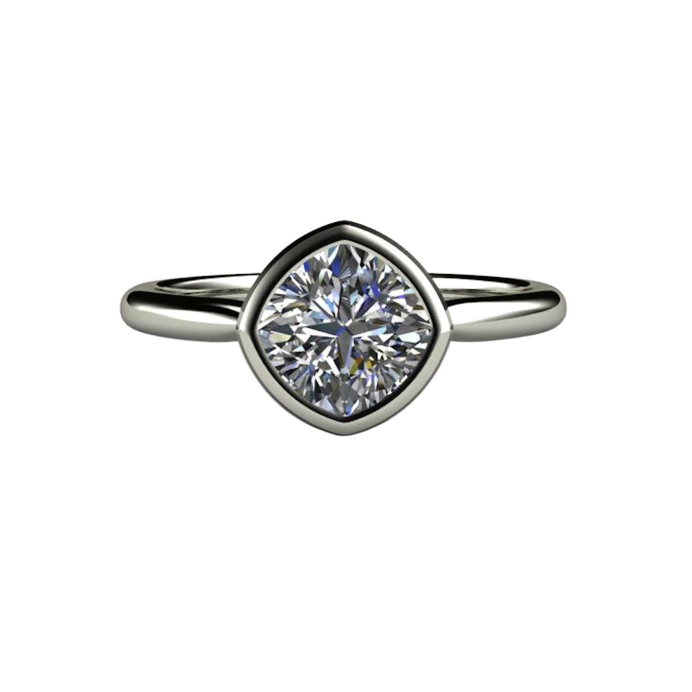 Bezel Set Cushion Cut Engagement Ring with Forever One Moissanite Simple Solitaire Minimalist Design, Rare Earth Jewelry