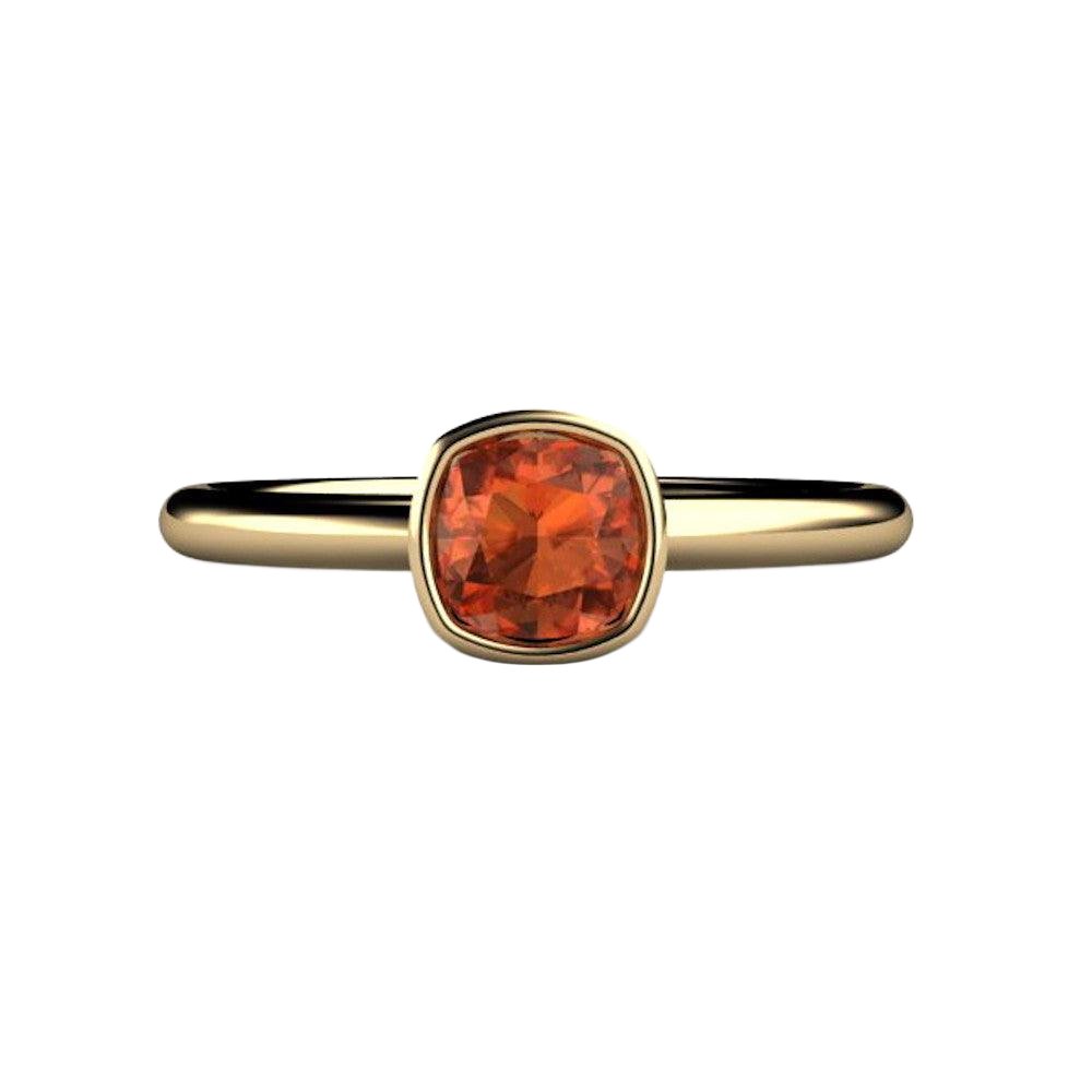 Orange Sapphire Engagement Ring Bezel Set Cushion Cut Solitaire, Rare Earth Jewelry