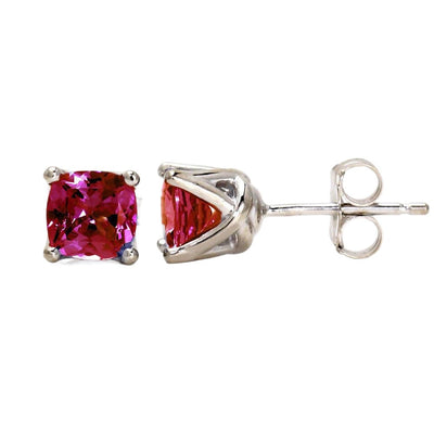 A pair of 14K Gold Ruby earrings, square cushion cut Ruby Studs, July birthstone earrings from Rare Earth Jewelry.