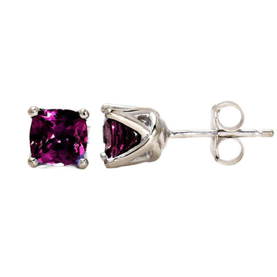 Natural Rhodolite Garnet earrings square cushion cut studs in 14K Gold January birthstone earrings from Rare Earth Jewelry.