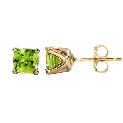 A pair of 14K Gold natural Peridot earrings, cushion cut studs in gold woven prong settings. August birthstone earrings from Rare Earth Jewelry.
